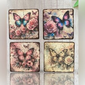 Handmade Vintage Butterfly and Floral Square Wood Coasters - Set of 4
